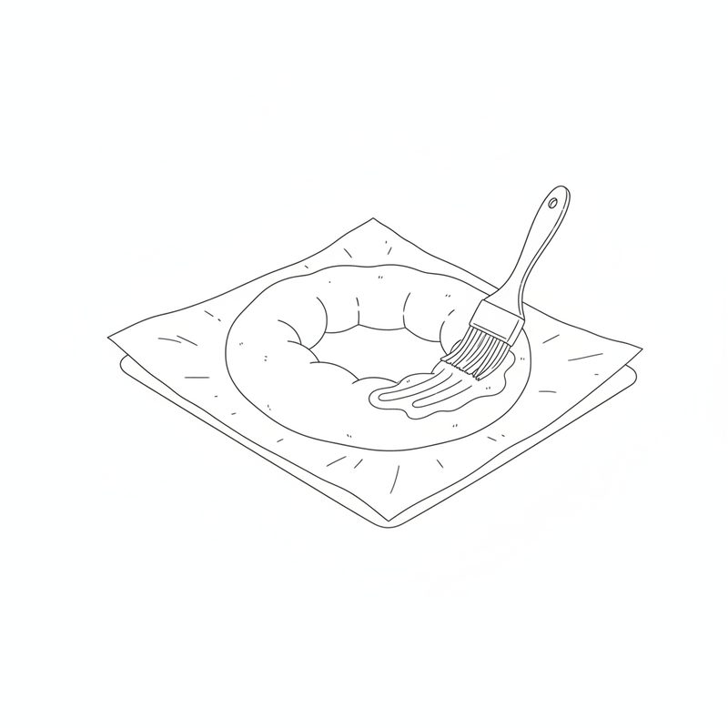 Line drawing of a ring of filled pastry on baking paper, with a pastry brush painting the top