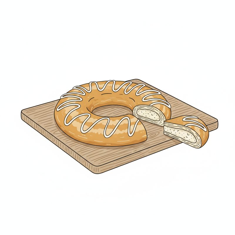 Coloured drawing of a golden baked pastry ring drizzled with white icing on a wooden board, with a slice cut out showing flaky layers and a pale filling
