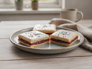 Three Danish raspberry squares on a plate, shortcrust layers filled with raspberry jam and topped with white icing and sprinkles