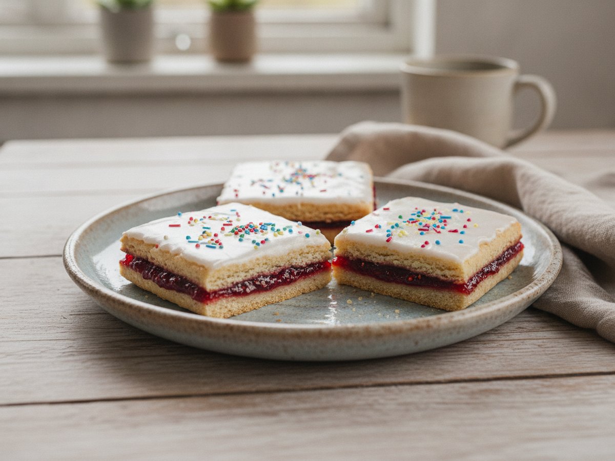 Three Danish raspberry squares on a plate, shortcrust layers filled with raspberry jam and topped with white icing and sprinkles