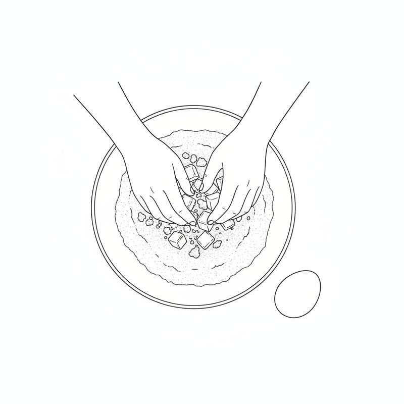 Line drawing of two hands rubbing cubes of butter into a bowl of flour, with an egg beside the bowl