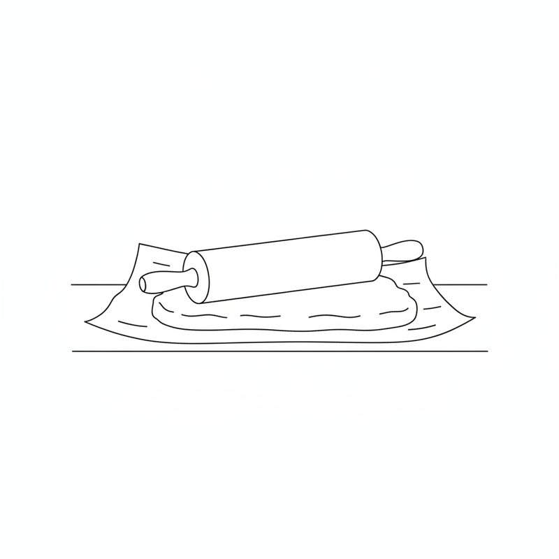 Line drawing of a rolling pin flattening a sheet of dough on baking paper on a counter