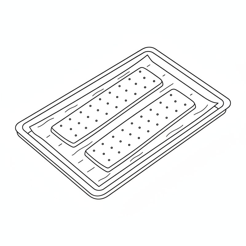 Line drawing of two long pricked sheets of baked shortbread on a paper-lined baking tray