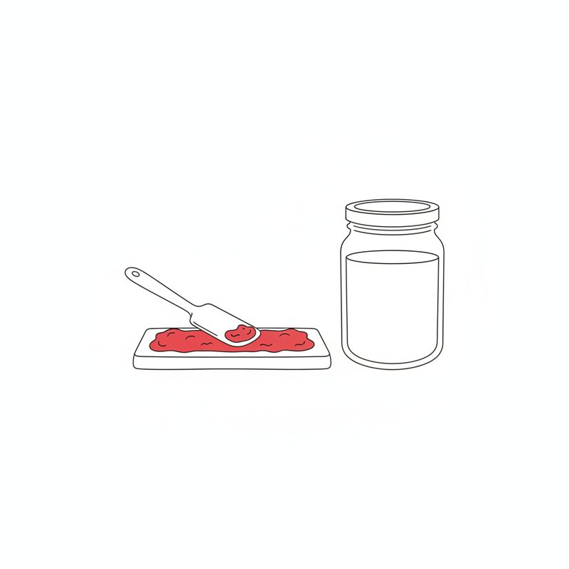 Line drawing of a spatula spreading red raspberry jam over a flat sheet of pastry, an empty glass jar beside it