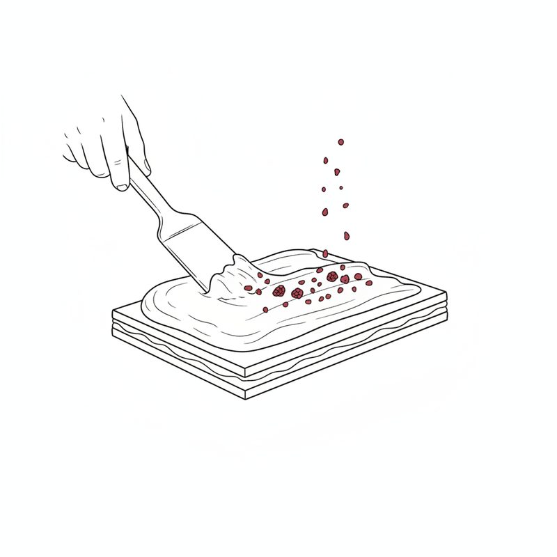 Line drawing of a hand spreading white icing over a layered pastry slab while red raspberry crumbs fall onto it