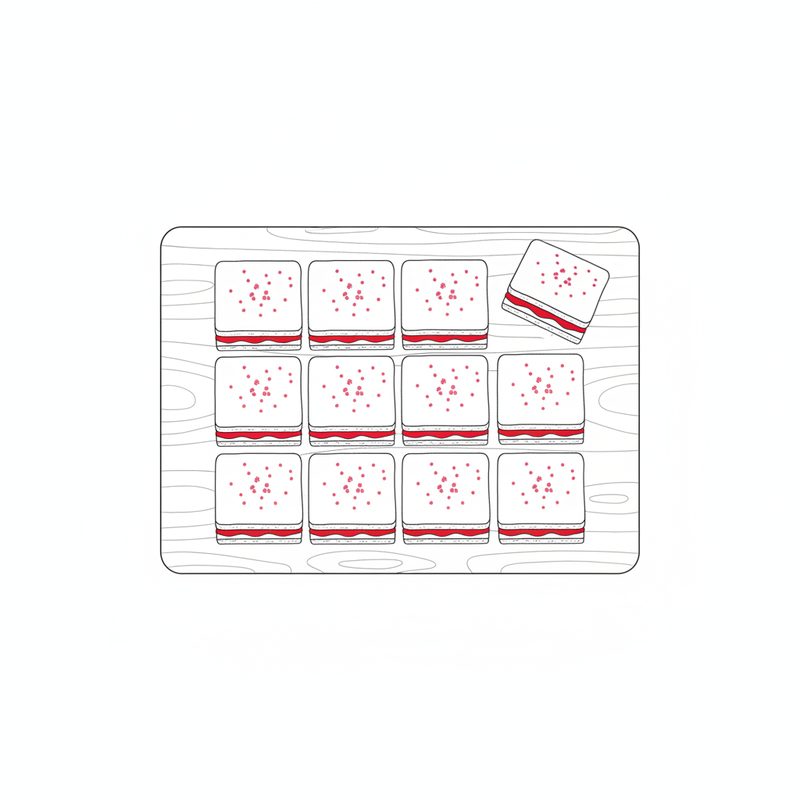 Line drawing of twelve iced squares with a red jam layer on a wooden board, one square lifted at an angle