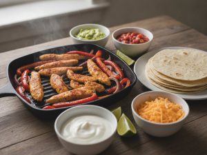 Chicken fajitas on a cast-iron grill pan: paprika-dusted chicken strips with red pepper and red onion, served with warm flour tortillas, guacamole, tomato salsa, yogurt, grated cheddar and lime wedges.