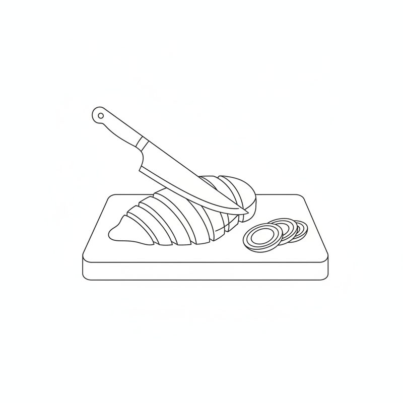 Line drawing of a chef's knife slicing a chicken breast into strips on a cutting board, with sliced onion rings beside it.