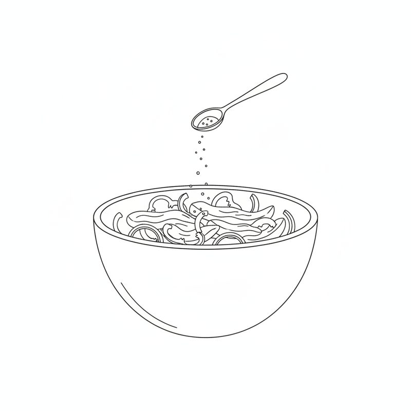 Line drawing of a spoon sprinkling ground spice into a large bowl of chicken, pepper and onion strips.