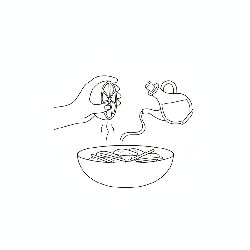 Line drawing of a hand squeezing a halved lime over a bowl of chicken and vegetable strips while oil pours from a small jug.