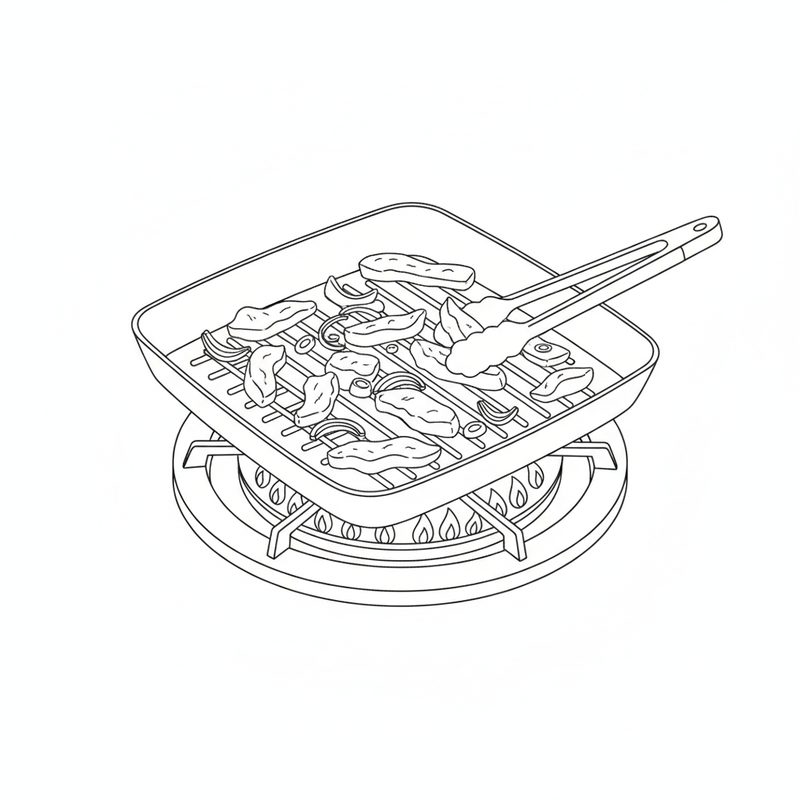 Line drawing of loose strips of chicken, pepper and onion on a ridged square grill pan over a gas burner, being turned with kitchen tongs.