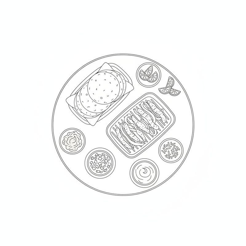 Line drawing, seen from above, of a table set with a stack of tortillas, a grill pan of chicken and pepper strips, lime wedges and small bowls of guacamole, salsa, yogurt and grated cheese.