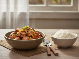 Bowl of Filipino pork asado, glossy braised pork chunks with onion rings and spring onion, beside a bowl of steamed white rice