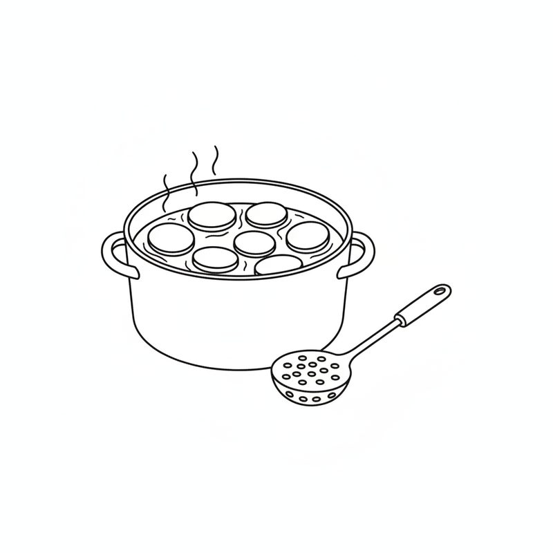 Line drawing of round potato slices in a single layer in a two-handled pot, a slotted spoon resting beside it