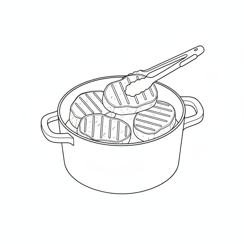 Line drawing of kitchen tongs lifting one of four thick seared pork pieces in a two-handled pot