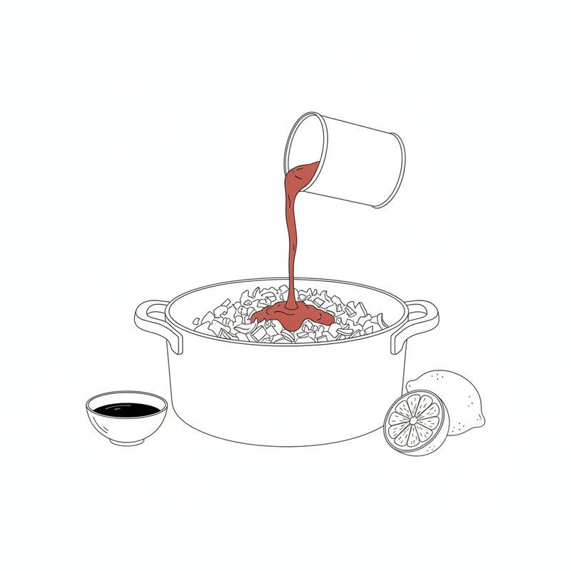 Line drawing of red tomato sauce being poured into a pot of chopped onion, with a small bowl of soy sauce and halved lemons beside it