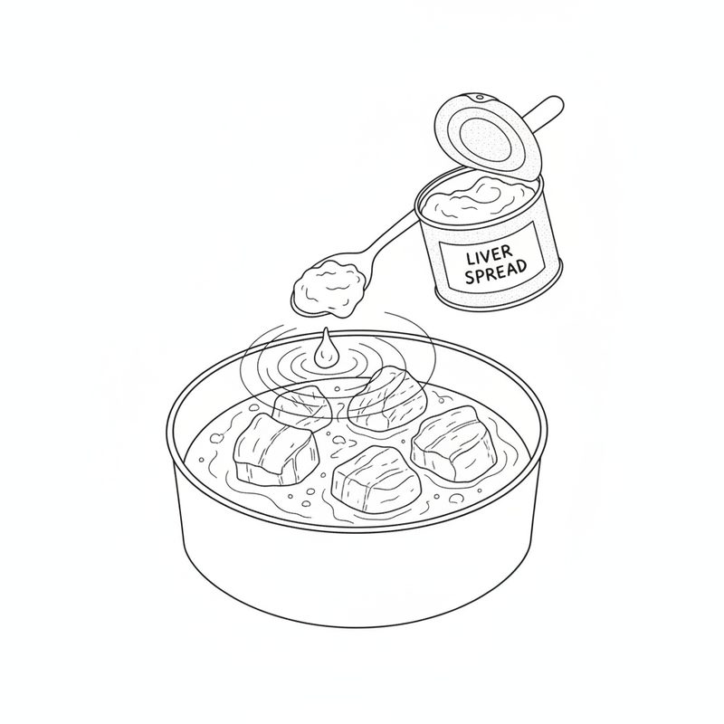 Line drawing of a spoonful of liver spread from an open tin being added to a pot of sauce around chunks of braised pork