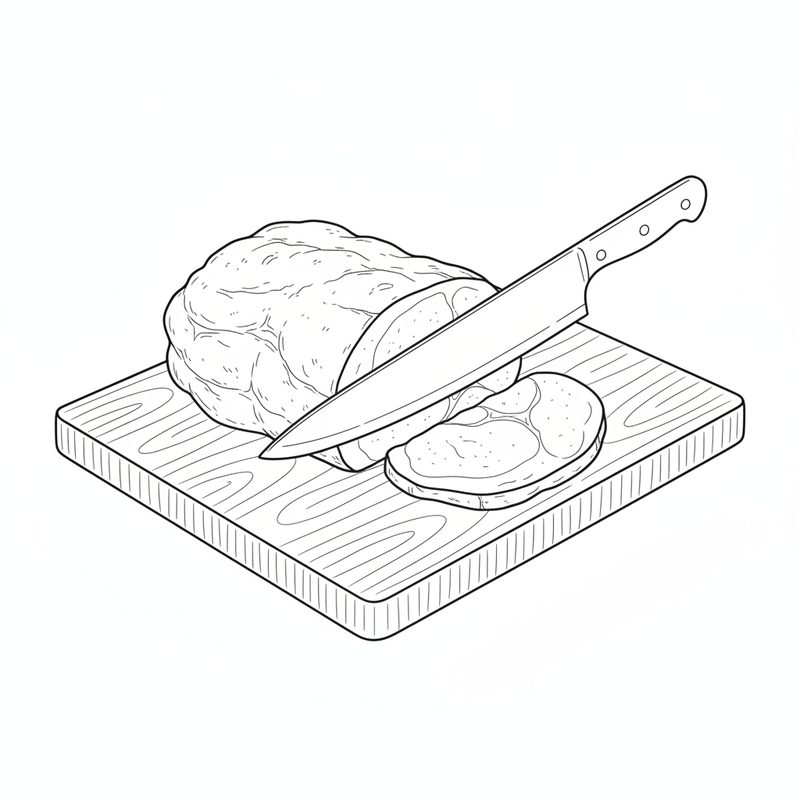 Line drawing of a large piece of braised pork on a wooden board being cut into thick slices with a chef's knife