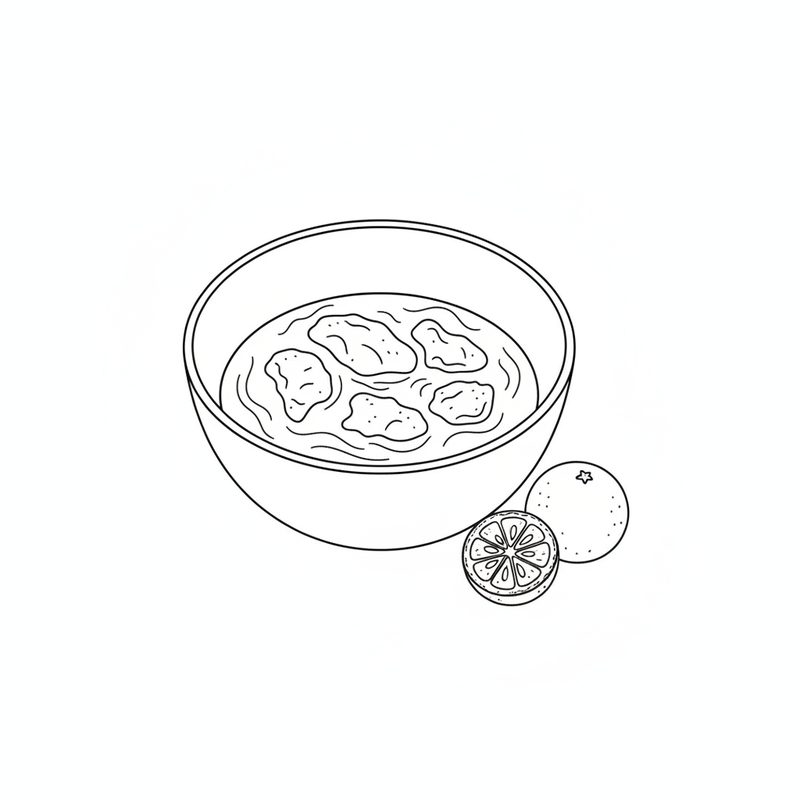 Line drawing of a bowl of irregular pieces of chicken skin soaking in liquid, with a halved and a whole calamansi beside the bowl