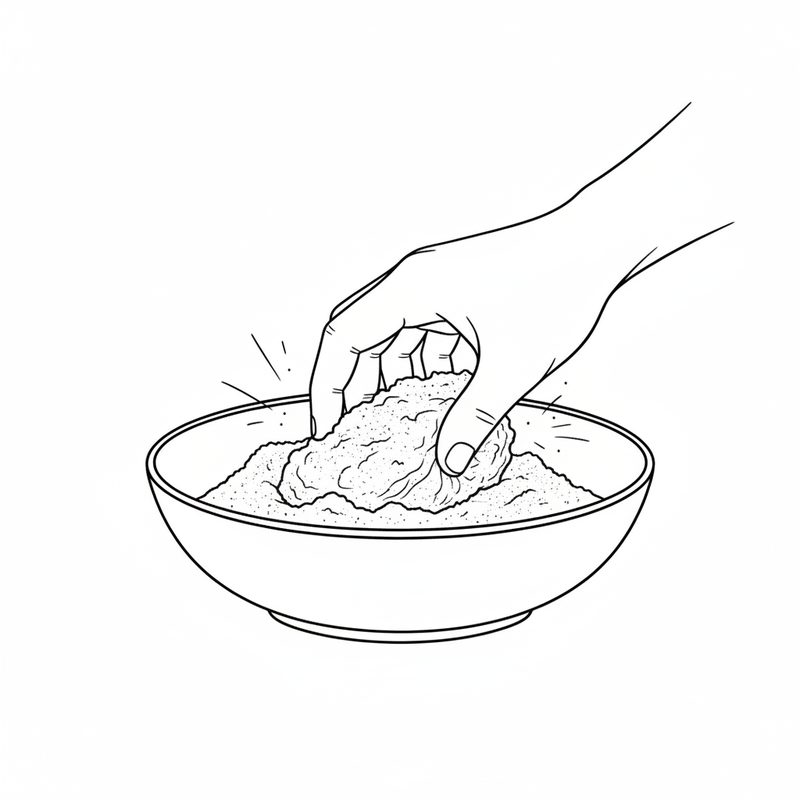 Line drawing of a hand pressing a piece of chicken skin into a shallow bowl of seasoned flour