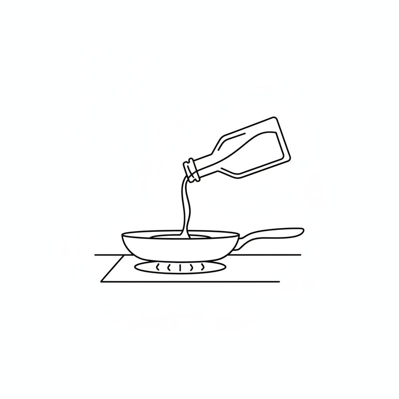 Line drawing of cooking oil being poured from a bottle into a frying pan on a lit burner