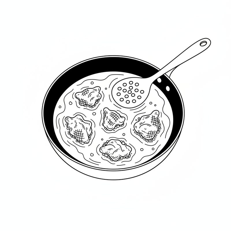 Line drawing seen from above of five coated pieces frying in a pan of oil, with a slotted spoon resting on the rim