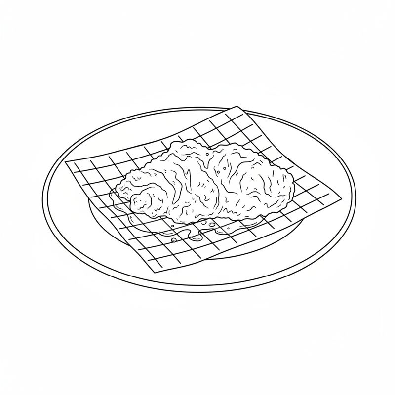 Line drawing of a single crinkled piece of fried chicken skin draining on a sheet of paper towel on a plate