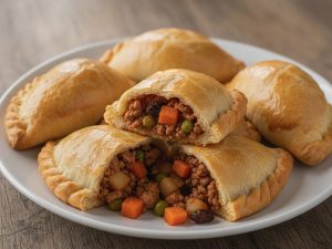 Golden baked Filipino empanadas with crimped edges on a white plate, two broken open to show a ground pork filling with diced carrot, potato, green peas and raisins
