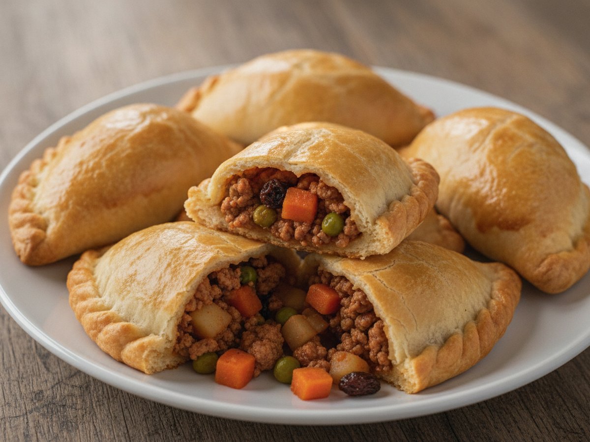 Golden baked Filipino empanadas with crimped edges on a white plate, two broken open to show a ground pork filling with diced carrot, potato, green peas and raisins