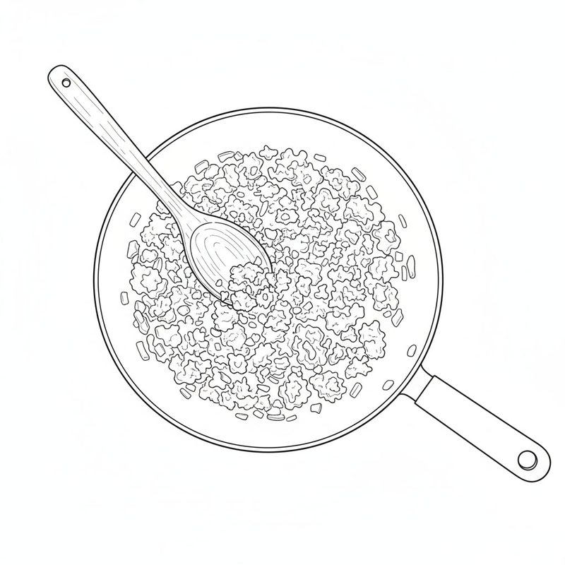 Line drawing of crumbled ground meat and chopped onion in a frying pan, a wooden spoon stirring it, seen from above