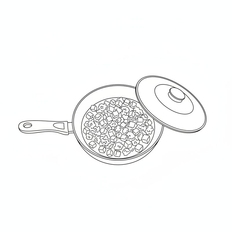 Line drawing of a pan of crumbled meat with small diced vegetables in sauce, its lid set beside it