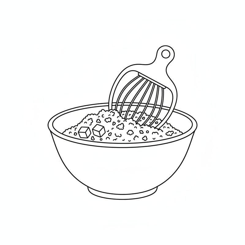 Line drawing of a bowl of flour with cubes of butter, a pastry blender cutting them into crumbs