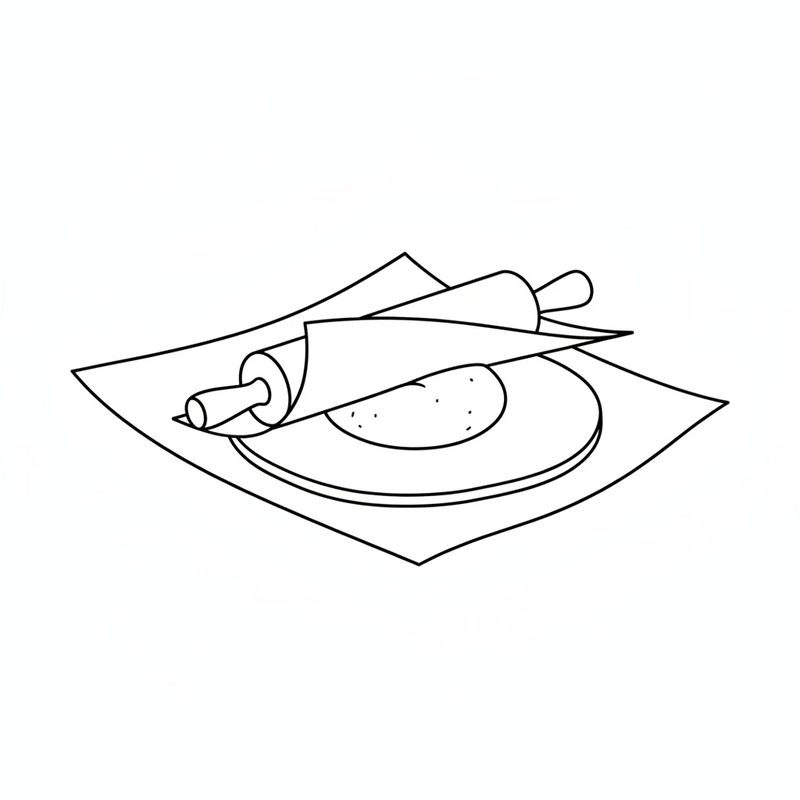 Line drawing of a rolling pin flattening dough between two sheets of parchment paper