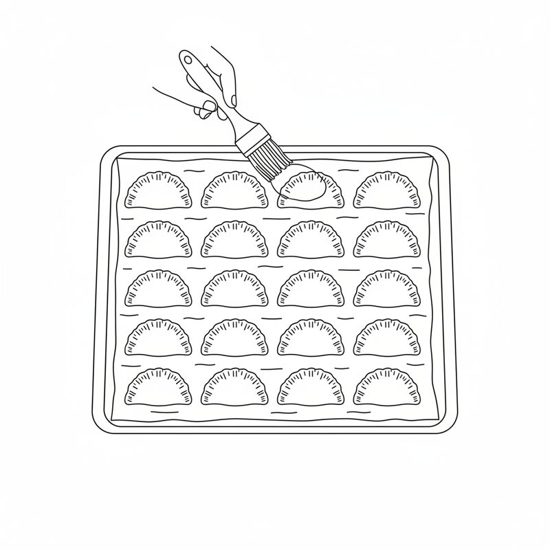 Line drawing of a hand brushing egg over rows of crimped half-moon empanadas on a parchment-lined baking sheet