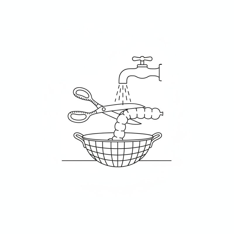 Line drawing of a pair of scissors slitting a length of intestine open above a mesh colander, under water running from a wall tap.