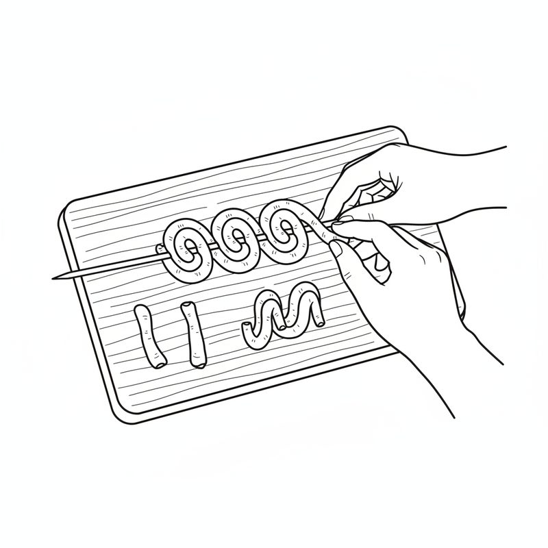 Line drawing of a hand coiling lengths of intestine onto a thin skewer on a wooden board, with loose cut pieces lying beside it.