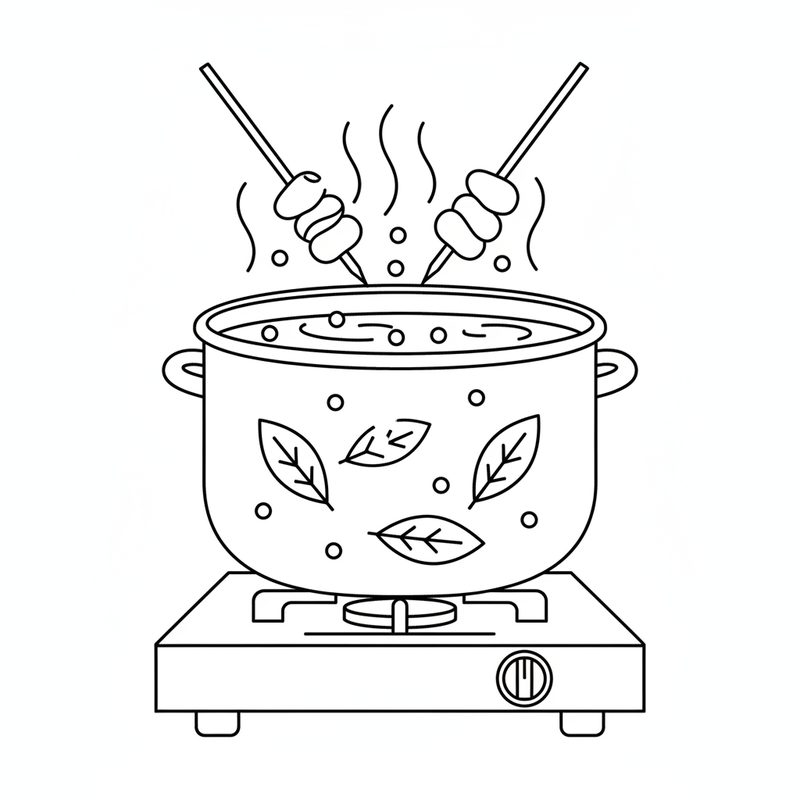 Line drawing of a lidless pot of simmering water on a single burner, bay leaves and peppercorns marked on it, with two hands lowering skewers in from above.