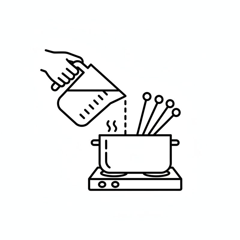 Line drawing of a hand tipping a measuring jug of liquid into a pot on a burner, with several skewers standing upright in the pot.