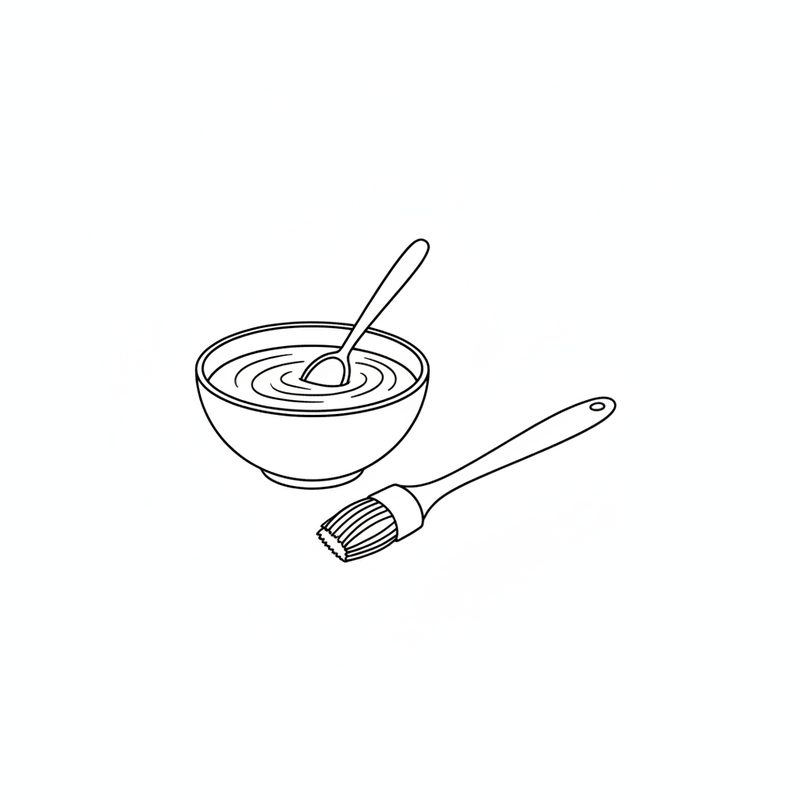 Line drawing of a small bowl of sauce being stirred with a spoon, a basting brush lying on the surface beside the bowl.