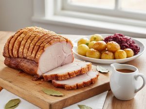 Danish roast pork with a golden, puffed crackling rind scored in strips, partly sliced on a wooden board, with a plate of small potatoes and red cabbage, a jug of brown gravy and a few bay leaves