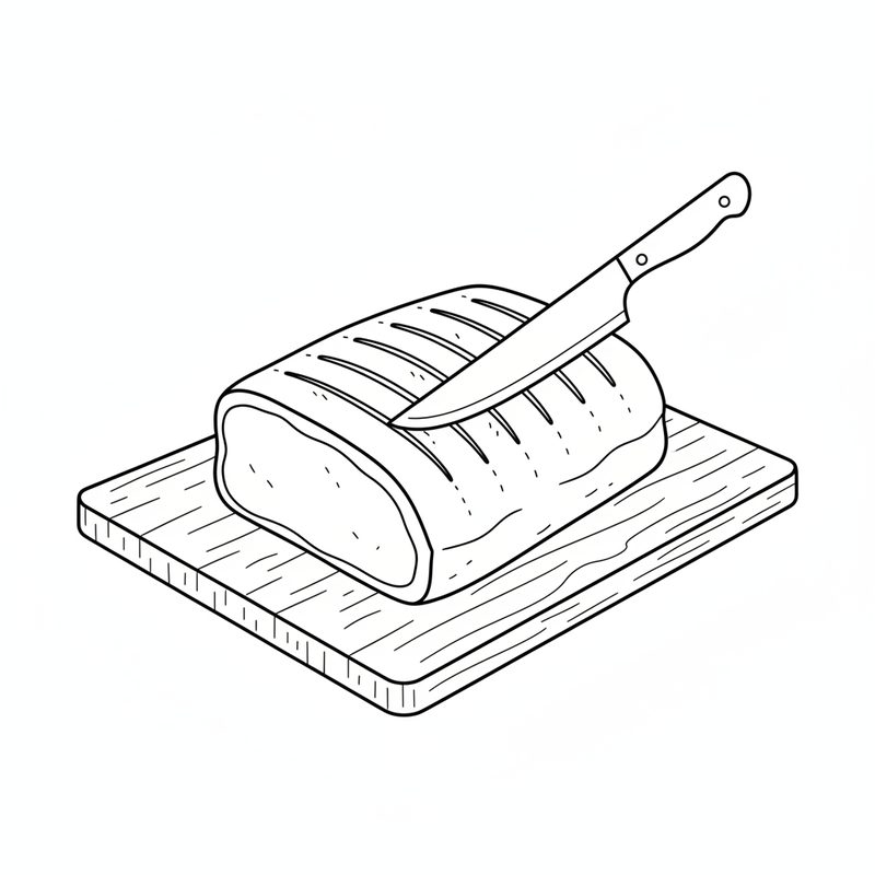 Line drawing of a knife cutting parallel lines into the rind of a raw pork roast on a wooden board