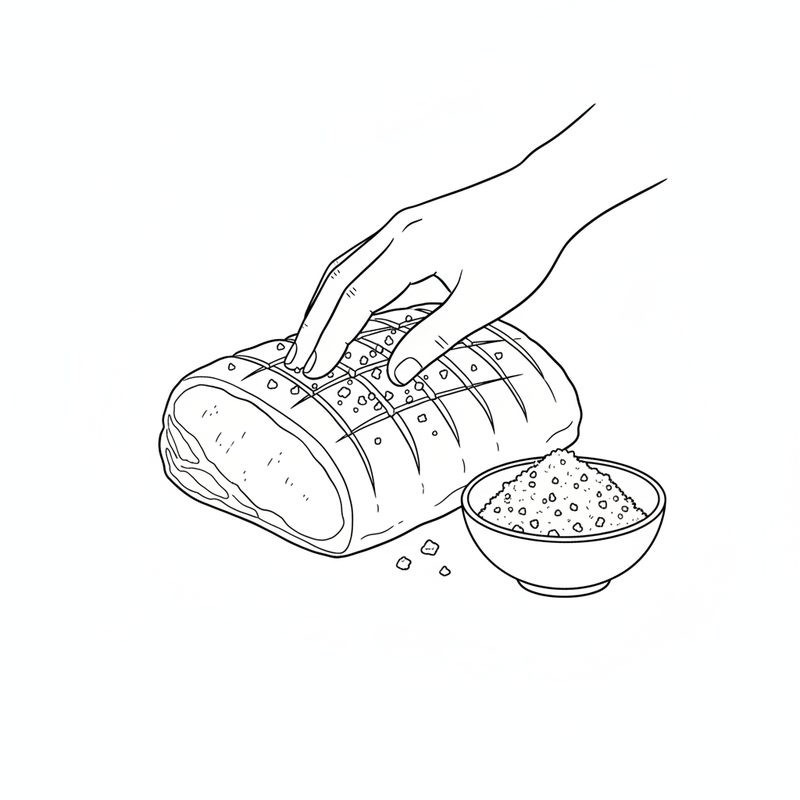 Line drawing of a hand rubbing coarse salt into the scored rind of a raw pork roast, with a bowl of salt beside it