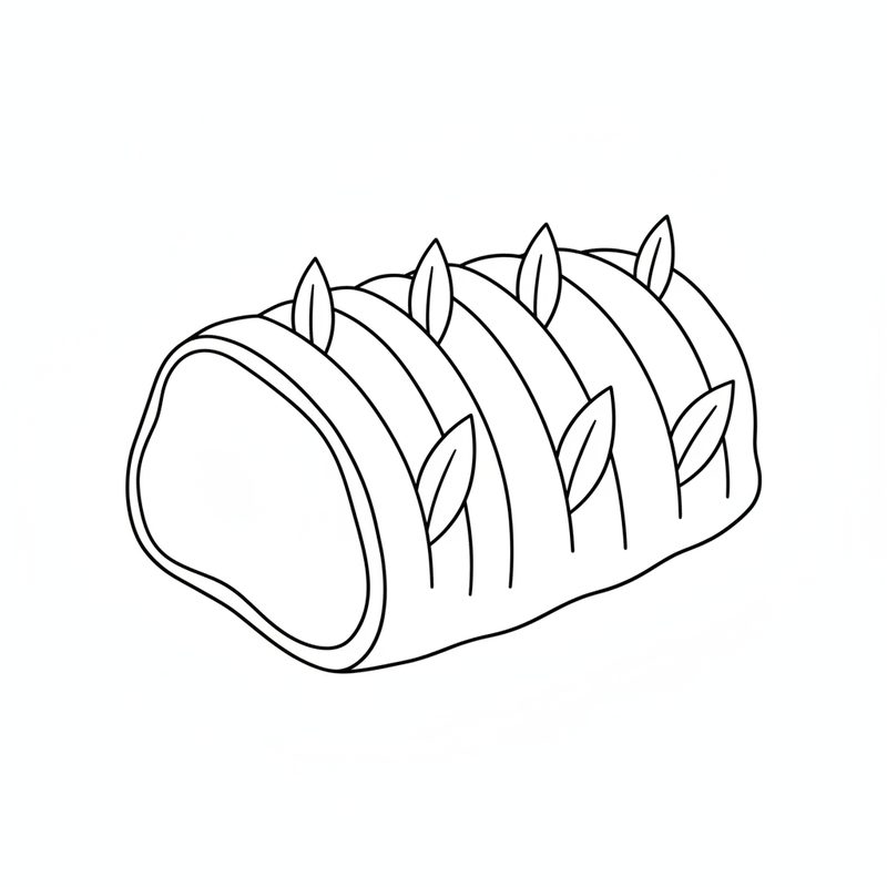 Line drawing of a raw pork roast with bay leaves standing upright in the parallel cuts of its rind