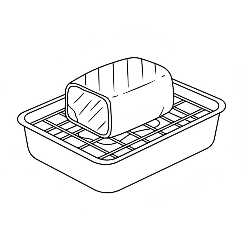 Line drawing of a scored pork roast sitting on a wire rack inside a deep roasting pan
