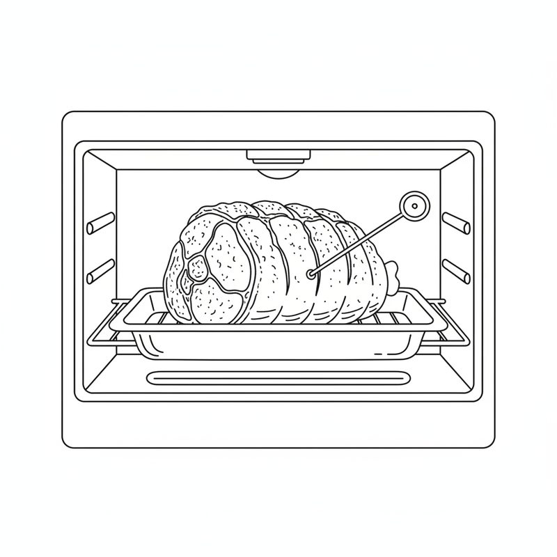 Line drawing of a pork roast with a blistered rind inside an oven, a probe thermometer pushed into the meat