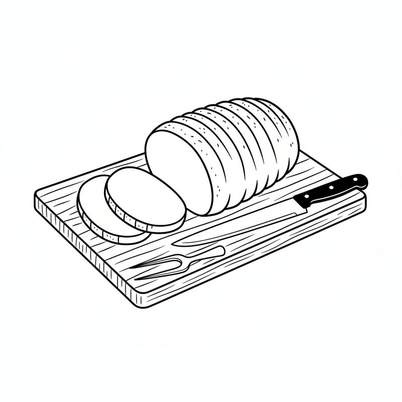 Line drawing of a roast pork on a carving board with two thick slices cut off, a carving knife and fork beside it