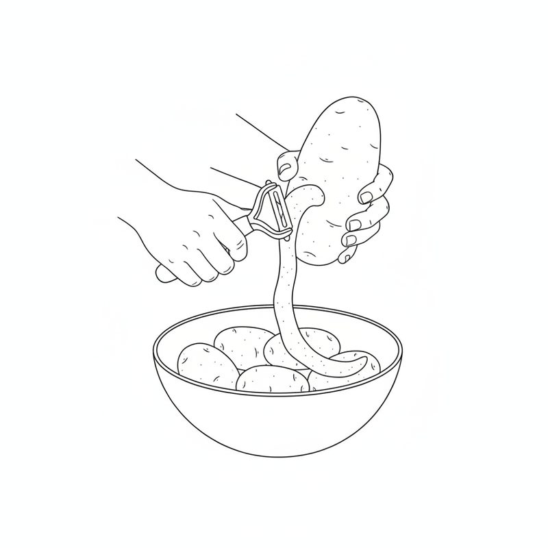 Line drawing of hands peeling a large potato with a Y-shaped peeler, the peel falling into a bowl of whole potatoes