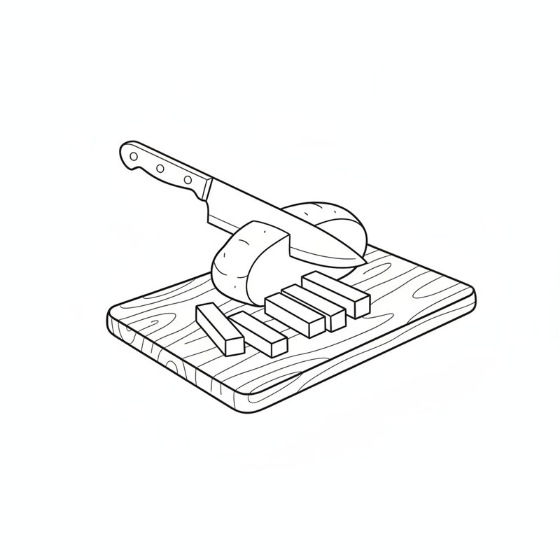 Line drawing of a chef's knife cutting a peeled potato into square-sided sticks on a wooden board