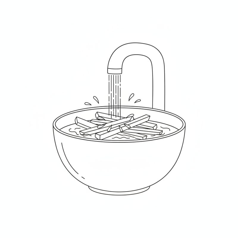 Line drawing of cut potato sticks in a bowl of water under a running tap