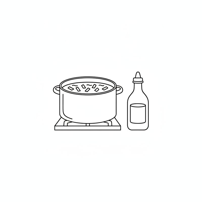 Line drawing of a pot of potato pieces in water on a stove burner, with a bottle beside it